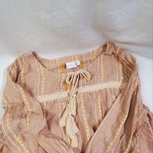 New Directions Womens Brown/Gold Stripe 3/4 Sleeve Boho Pullover Top Lg